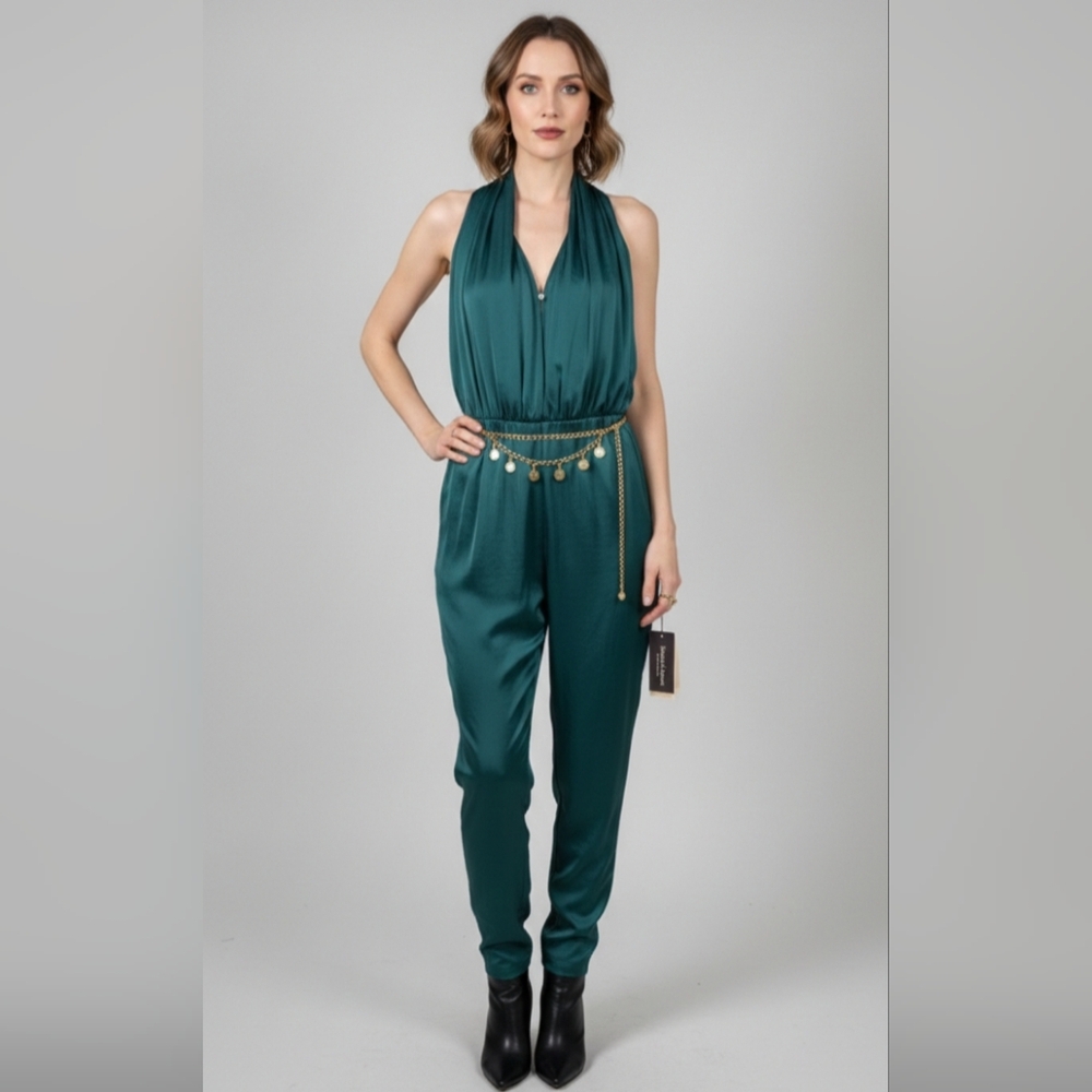 Zara Deep V Scarf Style Neck Open Back Satiny Shiny Green Flowy Jumper Sz Sm